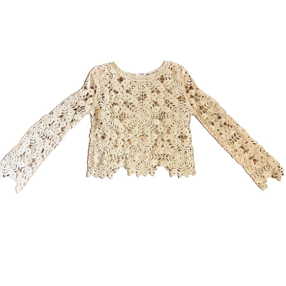 Womens Sz XL Crochet Top‎ Hollow Lace Scalloped Hem Cream Floral Design Boho